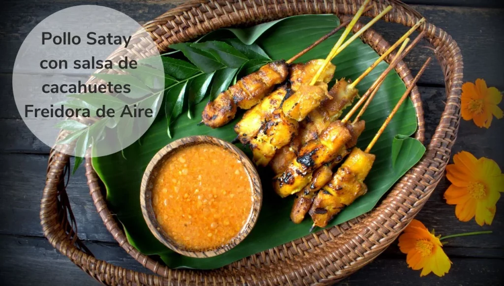 Plato pinchos pollo Satay con salsa cacahuetes