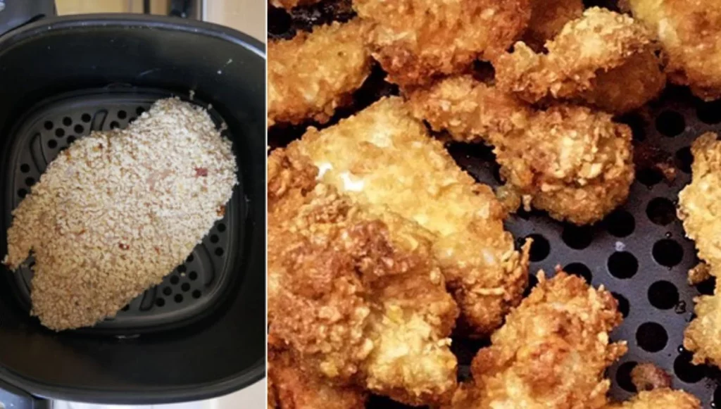 Pechugas Pollo rebozado en freidora hechas y crudas