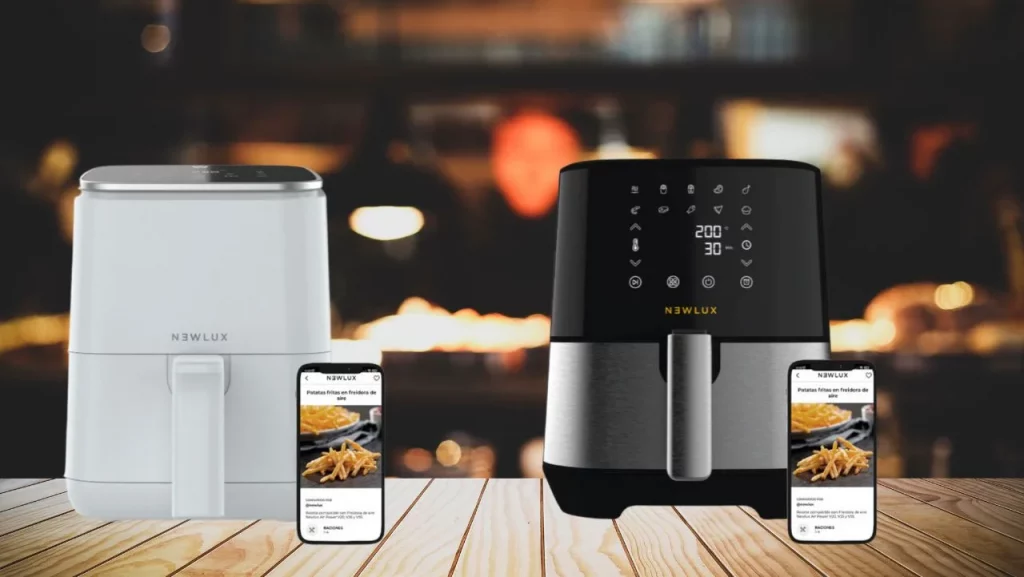freidora sin aceite newlux blanca y negra con app recetas