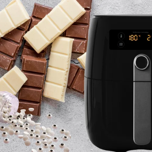 Chocolate negro, blanco, ojos de caramelo y freidora sin aceite